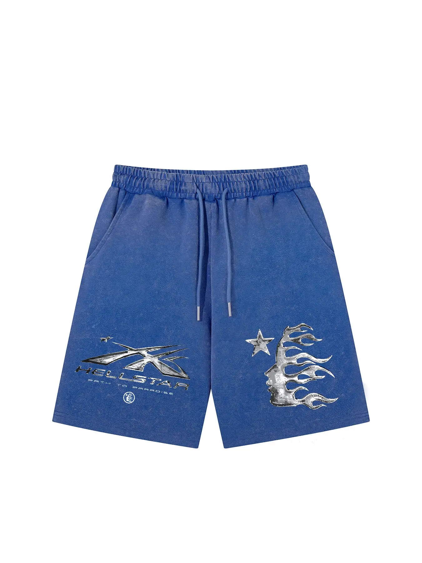 American Vintage Dark Streetwear Flame Youth Shorts, Graphic Letter & Star Flame Print, Loose-Fit Casual Summer Pants, Men's Fashion Sportswear