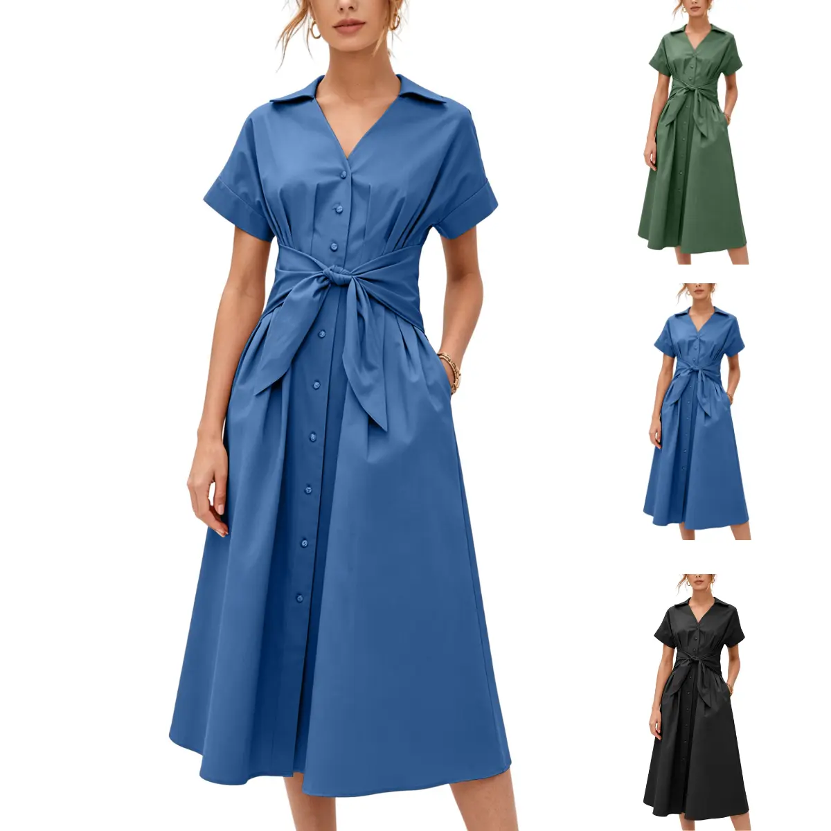 KingApril Women's Light Basic Cotton A-Line Shirt Dress - Short-Sleeve, V-Neck, Pleated, Button-Down, Pockets for Carry, Tie Waist, Casual Summer Workwear Dress, Shortsleeve, Pocket Convenience