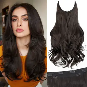 20Inch Invisible Wire Hair Extensions Long Straight Layered Synthetic with Transparent Wire, Adjustable Size 6 Secure Clips Hairpieces,Medium Brown for Women-soft