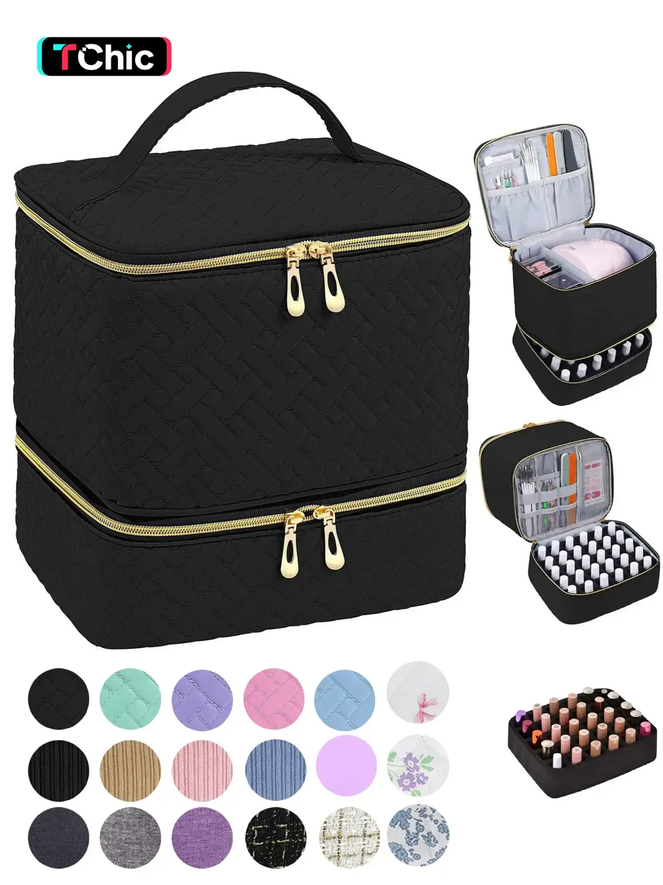 Double Layer Quilted Nail Polish Storage Bag, Portable Nail Art Organizer, Cosmetic Storage Zipper Makeup Organizer Pouch, Makeup Containers Multifunctional Bag for Women & Girls (bag Only)