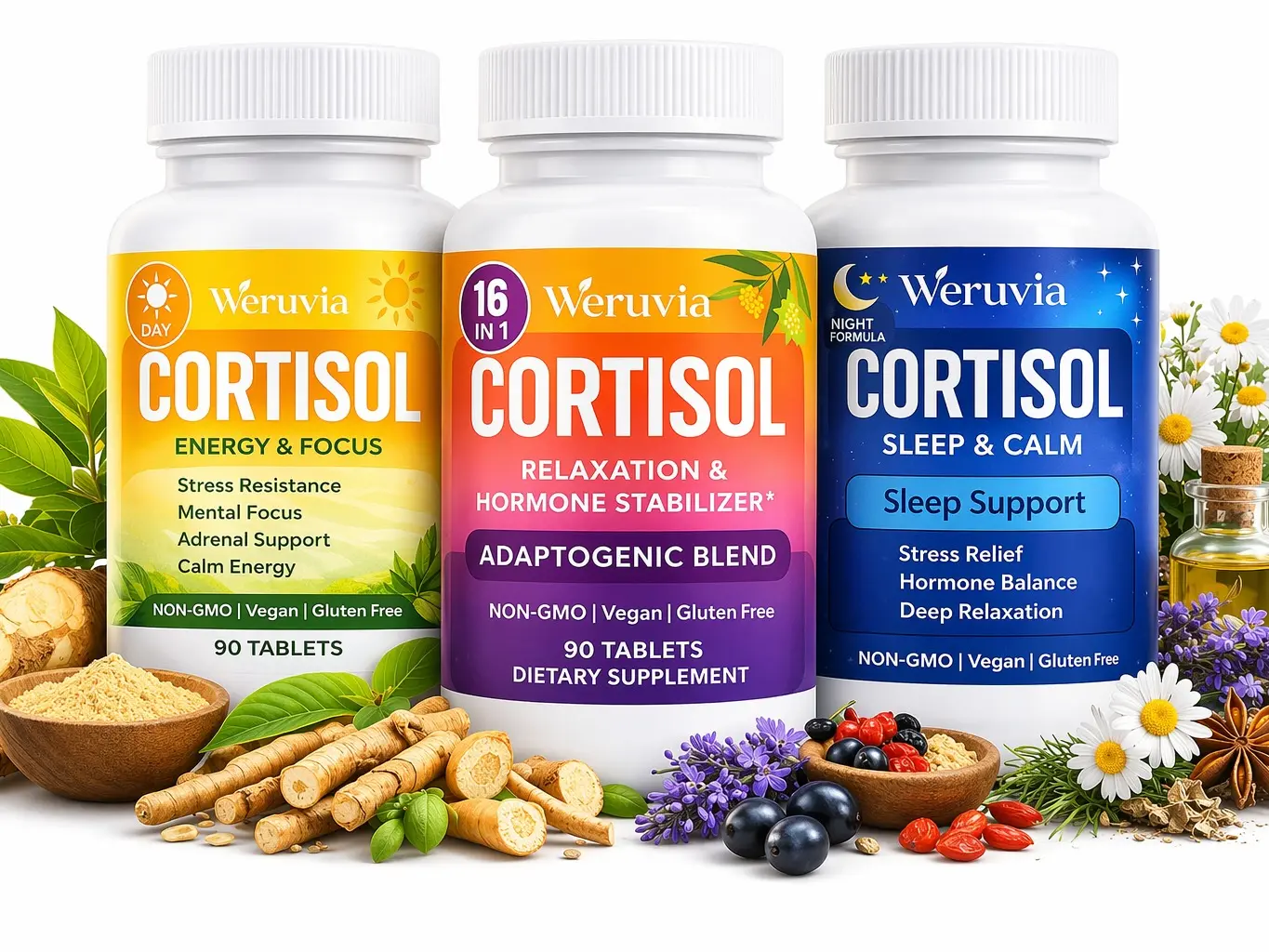 Weruvia Cortisol Support Edible Healthcare Focus & Calm Set - Adrenal Aid, Daytime Energy & Focus, Nighttime Sleep & Calm, Stress Support, Hormone Stabilizer, Vegan & Non-GMO