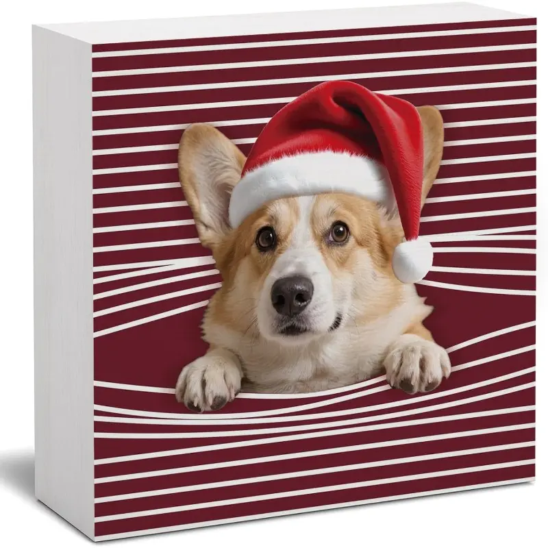 Funny Christmas Dog Wooden Sign, Cute Golden Corgi Christmas Decorations for Office Indoor Room Desk Shelf Mantel Table Wall Gifts for Corgi Dog Lovers, 5x5 icnh