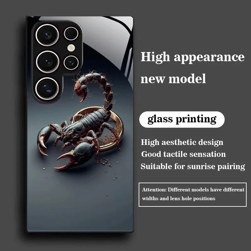 Tempered Glass Protection Smartphone Case - Black Golden Poison Scorpion Mechanical Design Cover, Phone Accessory for Samsung Galaxy S25, S24, S23, S22, S21, S20, Note 20 & Select A Series Models