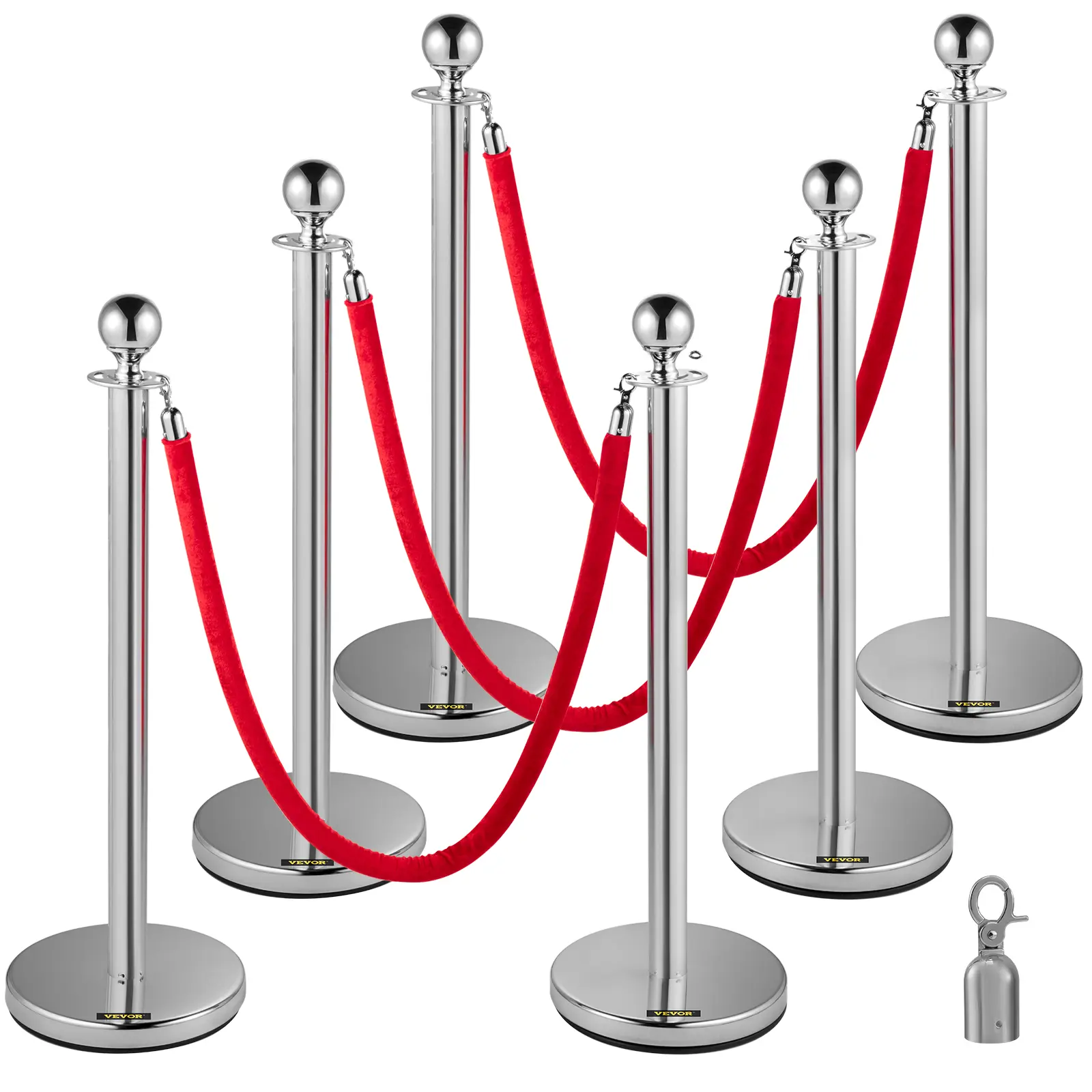 VEVOR 6-Piece Silver Stainless Steel Crowd Control Stanchions Set Pack, 38in Height Metal Posts with Red Velvet Ropes, Easy Installation Indoor-Outdoor Event Home Improvement Equipment
