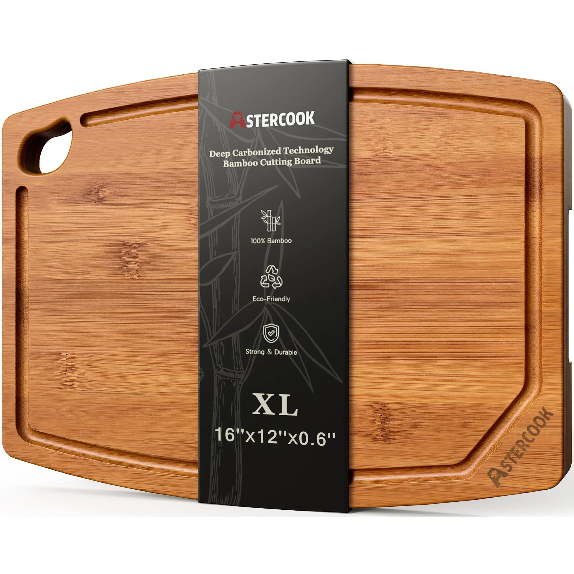 Astercook XL Bamboo Cutting Board, 16 x 12 x 0.6 Inch Deep Carbonized Chopping Board with Juice Groove and Easy-Grip Handle for Meat, Vegetables, Bread, Fruit and Charcuterie,familyfun