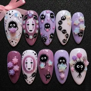 Handmade Ghibli Inspired Press On Nails| No Face, Soot Sprite & Pastel Star 3D Art| Cute Anime Nails