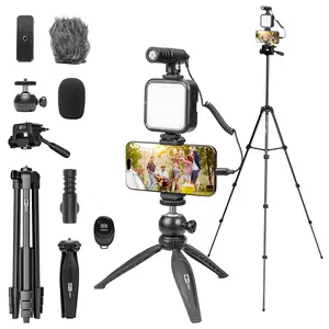 Vlogging Kit for iPhone Kit Content Creator Kit for Smartphone with 59'' Extendable Fullsize Tripod,Tricolor LED Light, Mic for iPhone 15/14/13 Mini/Pro/Max(Vlog K4)
