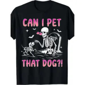 Ootd T Shirt funny skeleton can i pet that dog halloween t shirt 100 cotton short sleeve crew neck non washable ideal for dog lovers seasonal clothing skeleton print knit texture black A77 Womenswear Breathable Check Fabric Tops Tshirt