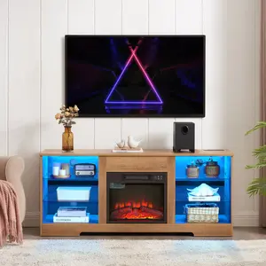 Modern Electric Fireplace TV Stand with Glass Shelves, 3D LED Lights & USB Charging Outlet for TVs up to 62"