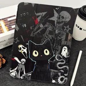 Cute animated black cat skull horror graffiti style anti-drop tablet case, with pen slot,Suitable for iPad Mini, Air, Pro 4,5,6,7(2017,2018,2019,2020,2021,2022,2023,2024,2025 models),and Samsung S6,7,8,9,10FE + A7 LTE tablet cases