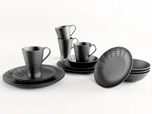 16-Piece Spiderweb Dinnerware Set – Gothic Black Plates, Bowls & Mugs for Halloween & Spooky Dining