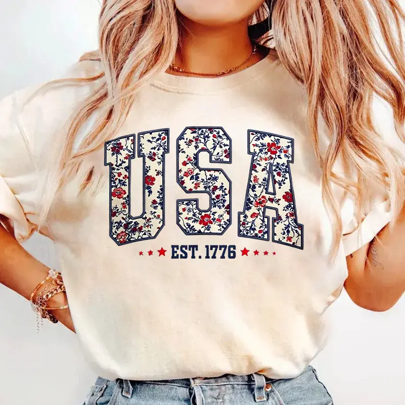 Lady's Lightweight Floral USA Flag Sports Top - Beach, Everyday Wear - 1776 Est, 250th Anniversary, 4th of July Independence Day Patriotic Gift