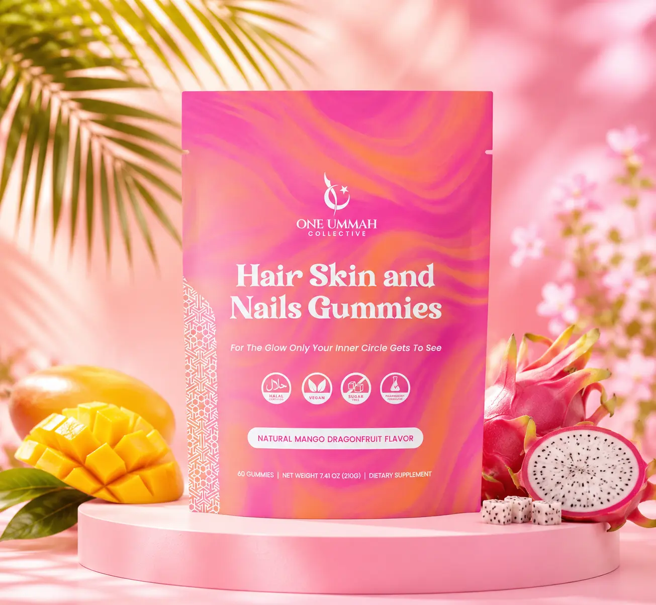 Halal Certified Hair, Skin & Nails Gummies - Chewable Adults' Beauty Supplement with Biotin, Collagen, Folate Enriched Essential Vitamins - Easy Digestion, High Absorption - 60 ct