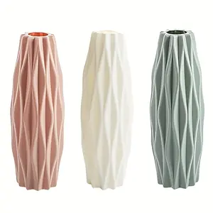 Nordic Style Plastic Vase - Durable Unbreakable Geometric Design with Ribbed Texture,  (Pink, White, Teal) for Indoor/Outdoor Flower Arrangements, Living Room & Home Decor Ornaments fake indoor plant home garden decoration
