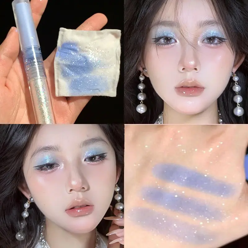 Dual-Ended Eyeshadow Stick, Muted Cyan Blue Subtle Shimmer, Blinding Diamond Sparkle Glitter, Natural Lying Silkworm Enhancer, Waterproof Longwear Eye Highlighter, Cold Tone Daily Eye Cosmetics, Glitter Eyeshadows, Sparkly Shimmer Eyeshadow