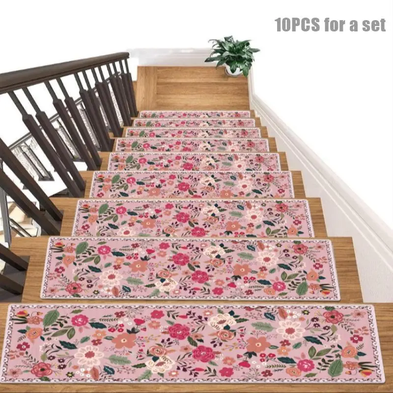 Floral Pattern Stair Mat, Stair Tread Rug, 10pcs/set Non-slip Stair Carpet, Washable Stair Step Rug, Decorative Carpet for Home Living Room Bedroom, Washable Runner Rugs, Flower Pattern Rugs