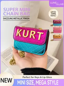 Letter Design Crossbody Bag, Two-Tone Stitched Mini Handbag, Fashion Versatile Chain Shoulder Strap, Ultra-Mini Crossbody Bag, Y2K Style