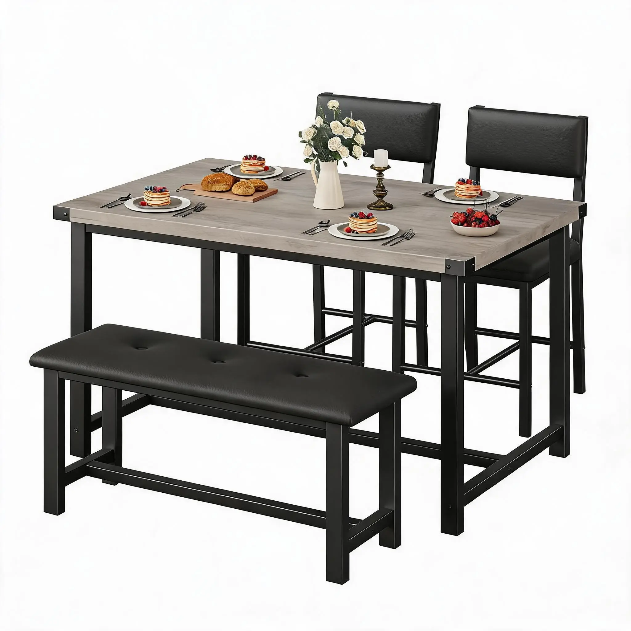 Garvee Space-Saving 5-Piece Dining Table Set – Rectangular Kitchen Table with Upholstered Bench & 2 Padded Chairs – Modern Classic Dining Room Furniture – For Apartments, Homes, Small Spaces – Black & Brown