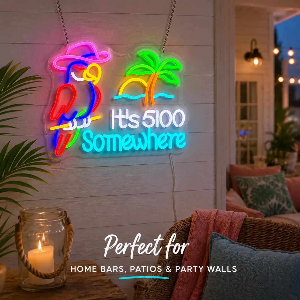 Dimmable Bright "It’s 5:00 Somewhere" LED Neon Sign - USB-Powered Multicolor Tropical Parrot Wall Light, Transparent Acrylic Backboard, Lightweight Decor for Home Bar, Kitchen, Tiki Room, Beach House, Patio Gift