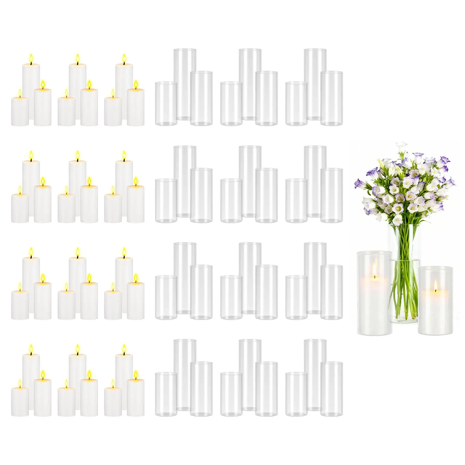 【SummerFinds】VEVOR Pillar Candles and Glass Vases Set 72 Pcs, Clear Cylinder Hurricane Candle Holders for Wedding Centerpieces, Tall Vase for Table Decor, Wedding Party, Thanksgiving,White (2.56" x 4.7",5.9",7.9")