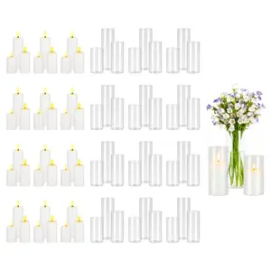 【FathersDayGift】VEVOR Pillar Candles and Glass Vases Set 72 Pcs, Clear Cylinder Hurricane Candle Holders for Wedding Centerpieces, Tall Vase for Table Decor, Wedding Party, Thanksgiving,White (2.56" x 4.7",5.9",7.9")