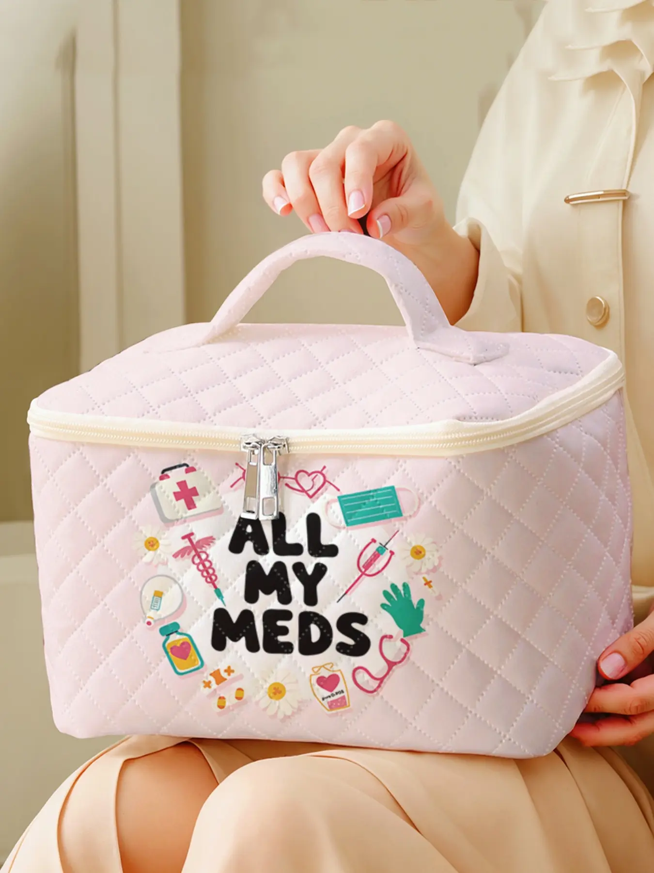 1 piece of medical element 'ALL MY MEDS' 2D printed portable travel makeup, brush, and accessory organizer, storage box toolbox, large capacity travel wash and rinse supplies organizer bag, cute and fashionable makeup bag, Cosmetic Travel Bag