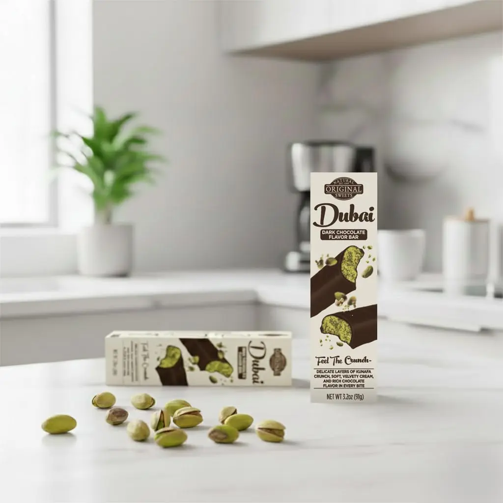 Dubai Dark Chocolate Bar 3.20 oz, Rich Chocolate with Kunafa Crunch and Smooth Nut Filling, Individually Wrapped, Luxury Middle Eastern Candy, USA Made