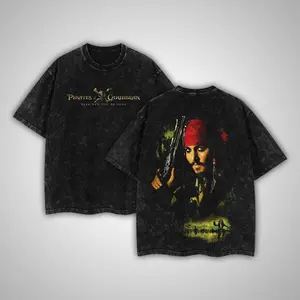 Jack Sparrow Pirates of the Caribbean Vintage Washed T-Shirt, 100% Cotton Oversized Graphic Tee for Men & Women, Retro Movie Print Crewneck Streetwear Shirt, Casual Short Sleeve Top, Trendy 90s Style Outfit, Unisex Fan Gift 2025
