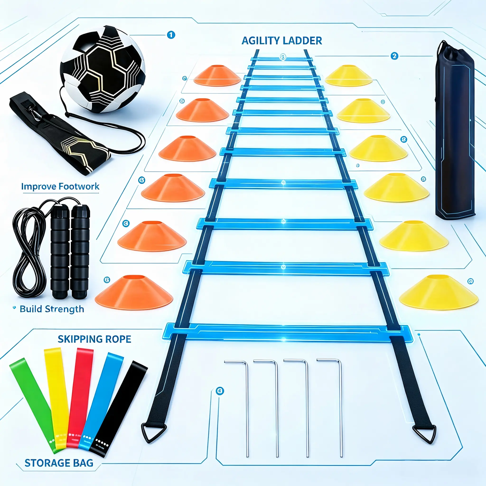 Unisex Adjustable Ladder Agility Training Equipment Kit - Multi-Use for Speed Drills, Muscle Gain, Soccer & Basketball Workouts, Includes Plastic Cones, Rope & Resistance Bands