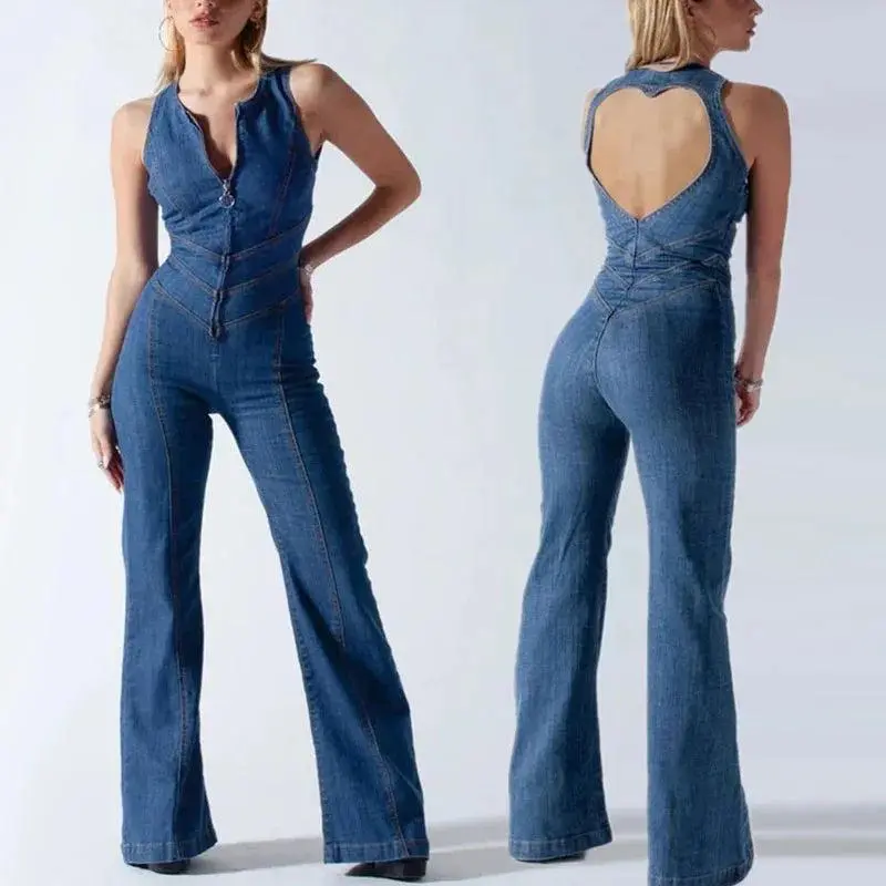 TrendyChic Women's Backless Heart Denim Jumpsuit - Fitted Sleeveless Below the Ankle Summer Outfit for Ladies Womenswear Bodycon
