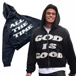 GOD IS GOOD zip-up hoodie for men and women, vintage letter patchwork sweatshirt, Christian streetwear oversized hooded jacket, unisex casual fall/winter outerwear, faith graphic grunge style Y2K hoodie