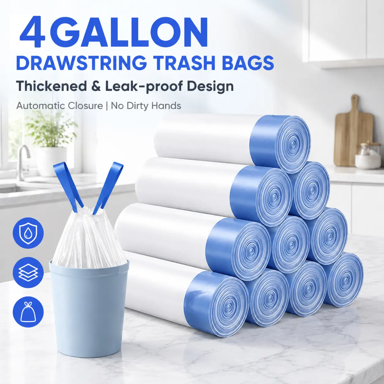 4-Gal Medium Drawstring Trash Bags, Thick Stretchy Leak-Proof Polyethylene Garbage Bags for Home & Office Trash Cans, 50-Count Pack