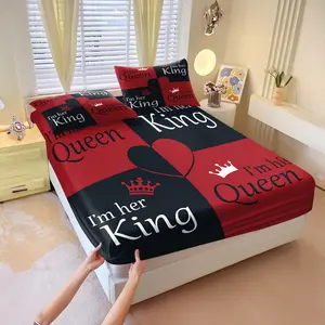 3Pcs 'King Queen' Words Couple Fitted Sheet Set, Decorative Bedsheet Sets, Crown and Heart Print, Soft Cozy, Perfect Anniversary, Wedding or Engagement Gift for Companion, Stylish Bedroom Decor. Includes 2 Pillowcases, No Pillow Core