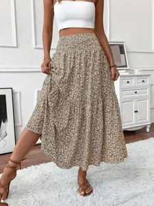 Women's Ditsy Floral Multilayer Skirt, Waist Cinching Design, Elegant Chic Versatile Half-Sleeve Dress, Perfect for Daily Wear High Waist Skirt