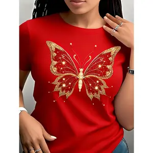 100% pure cotton, multiple colors available, elegant and unique butterfly sticker pattern printed women's fashion casual T-shirt, short sleeve round neck top, birthday gift, travel vacation, party, sweet and elegant