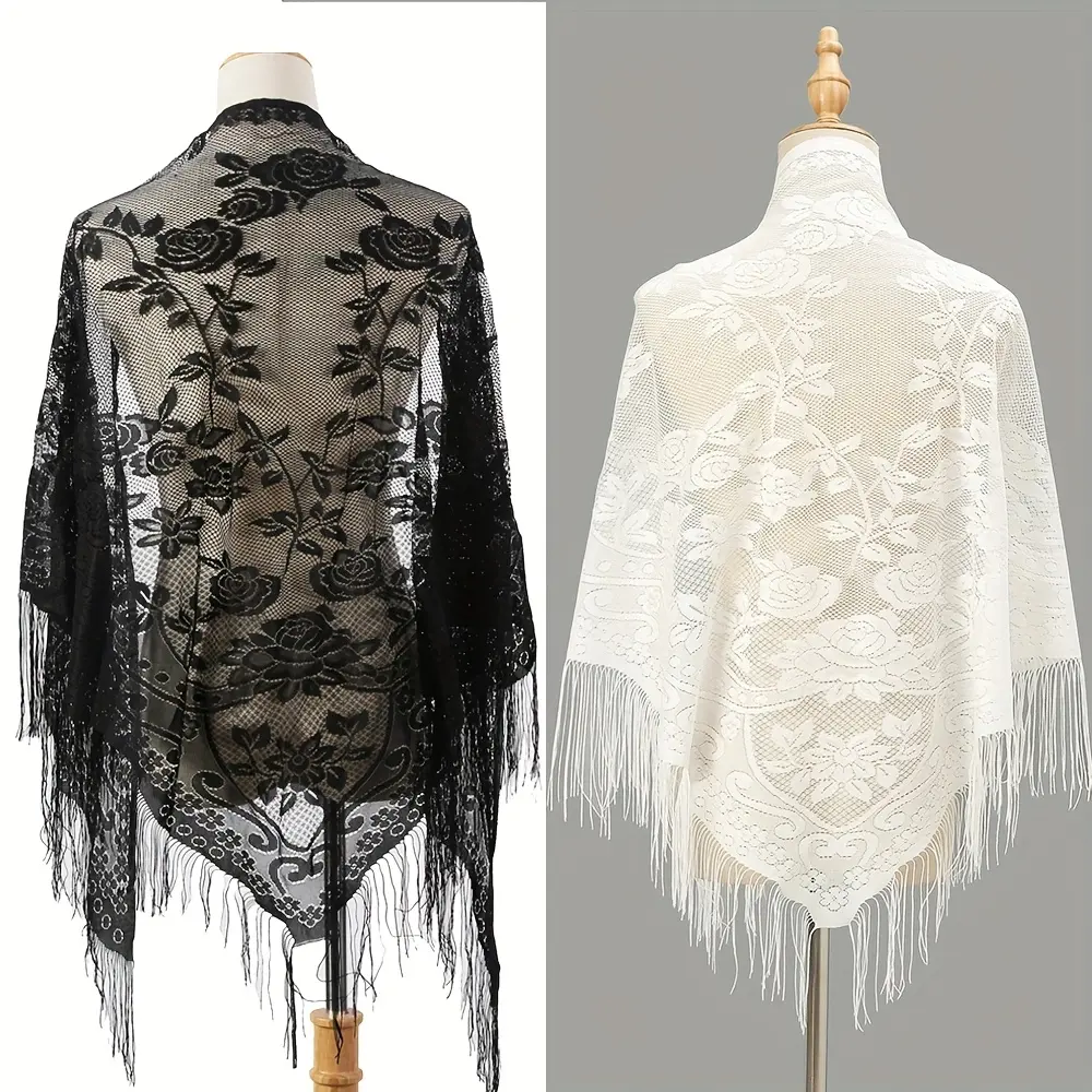 Women's Ethereal Aesthetic Lace Shawl, Boho Hollow-Out Floral Wrap with Tassel Fringe, Lightweight Scarf Style and Versatile Shawl Shape for Evenings, Polyester, Fashion, Evening Dresses, Lightweight Wrap, Boho Witchy, Elegant, 70S Bohemian Shawls