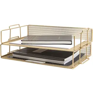 Gold Mesh Paper Tray-2 Stackable Letter Trays - Durable Metal Desk Organizer for Home, Office & School - Stylish Document Holder, File Storage, and Workspace Organizer