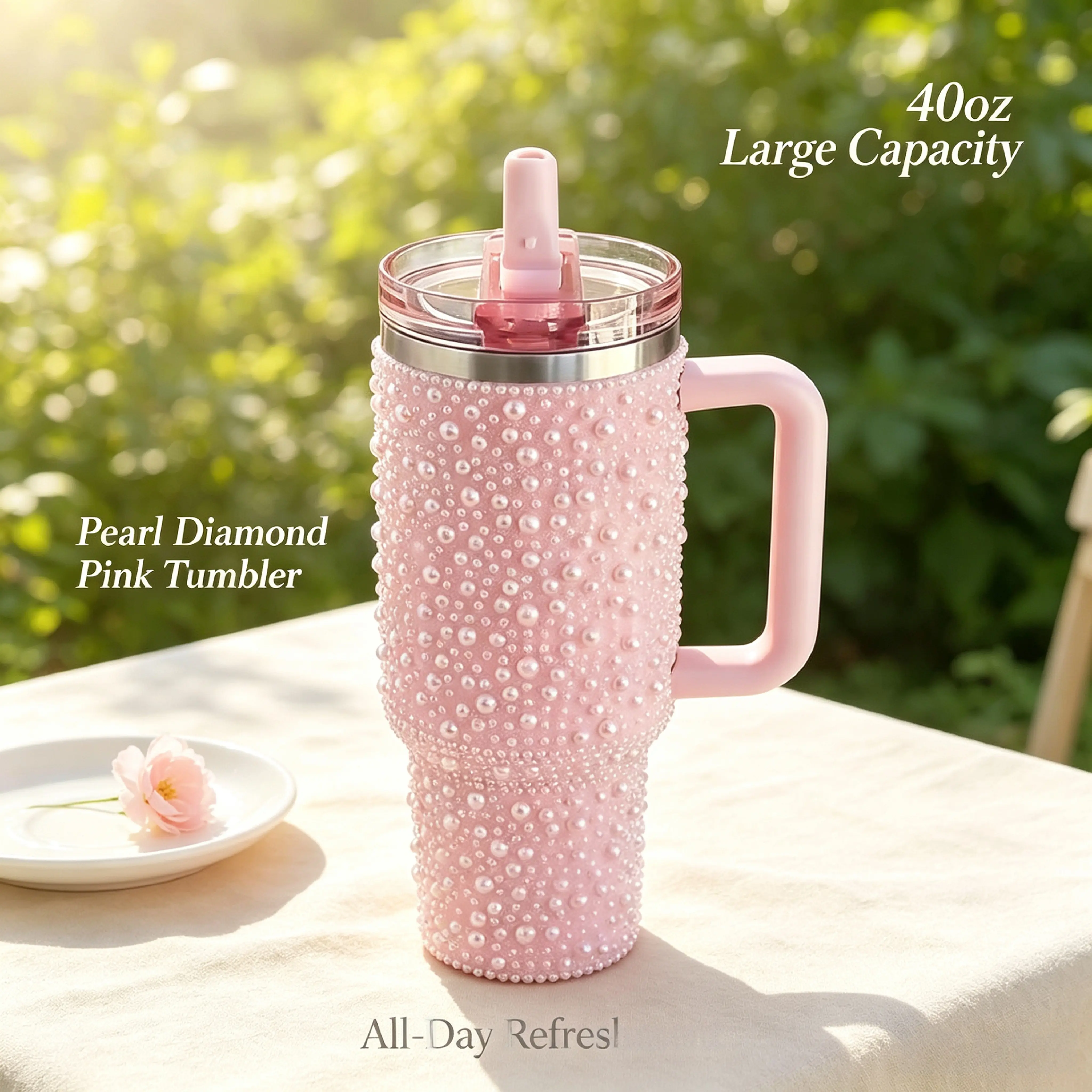 Women's 40oz Pearl Look Rhinestone Tumbler with Handle, Lid, Straw, Leakproof Double-Wall Vacuum Insulated Stainless Steel Portable Travel Mug, Large Capacity Hot Cold Cup, Birthday Gift for Her