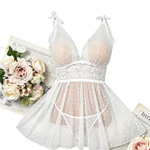 Elegant White Polka Dot Mesh Nightie | Lace Waist Babydoll Sleepwear for Women | Bridal Lingerie & Anniversary Gift