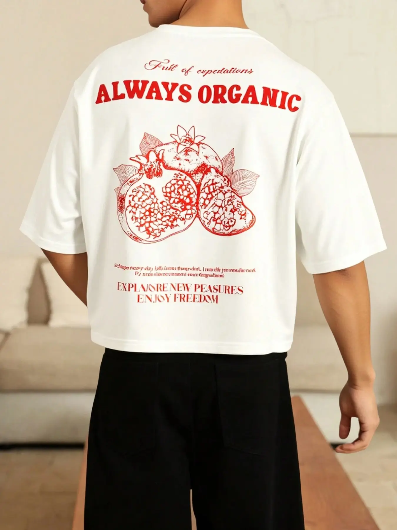 Always Organic Pomegranate Graphic T-Shirt | Men's Oversized Cropped Organic Cotton Round Neck Tee, Y2K Vintage Streetwear, Red Fruit Print Casual Crop Top, Summer Loose Fit Short Sleeve Tee for Daily Street Style, Leisure & Trendy Urban Outfits