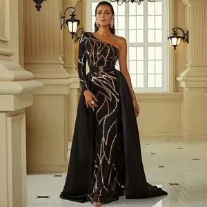 Elegant Banquet One-Shoulder Long Sleeve Cape Train Bridesmaid Dress Evening Gown for Women in Black Classic & Chic Formal Wear