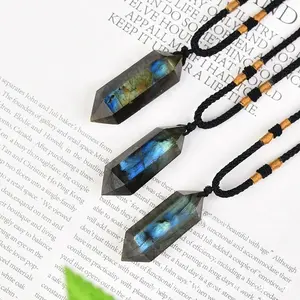 Labradorite Crystal Hexagonal Points Pendant Healing Amulet Women Men Necklace