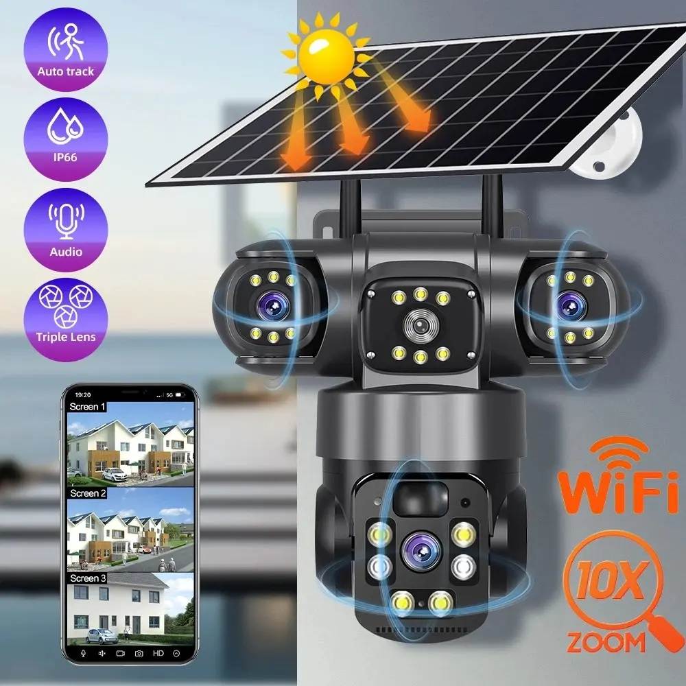 4K Solar-Powered Wireless Camera ， Triple Lens 355° Wide-Angle Motion Detection, Two-Way Audio, 2.4G WiFi, Audio Alarm, Mobile Remote Viewing, Suitable for Home Security,campingessentials,campinggear，Business，Driveway，Parking Lot