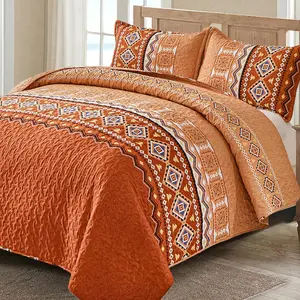 3 count Quilt Set  Size, Burnt Orange/Rust Quilt Bedspread Lightweight Bohemian Coverlet Set with 2 Pillowcase, Soft Pumpkin Geometry Printed  Set for All Season 104"x90"