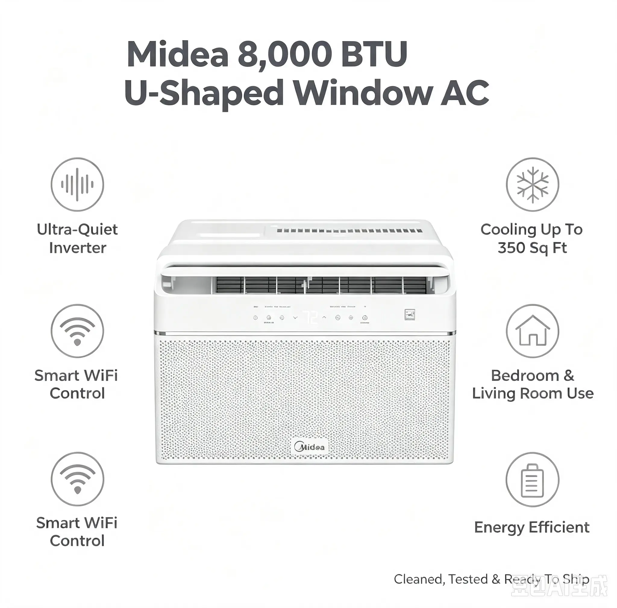 Midea 8,000 BTU U-Shaped Smart Window Air Conditioner - Quiet Inverter Cooling, WiFi App Control, Easy Install for Bedroom/Living Room Up to 350 Sq Ft, Gently Used, Tested, Clean, Ready to Ship USA
