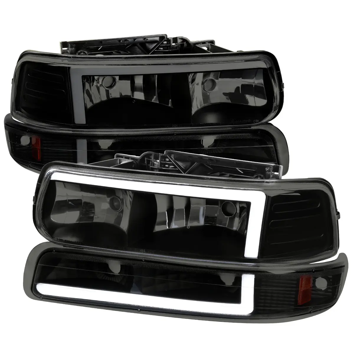 1999-2002 Chevrolet Silverado 1500 2500 / 2000-2006 Tahoe Suburban LED Bar Factory Style Headlights & Bumper Lights with Amber Reflector (Black Housing/Smoked Lens)