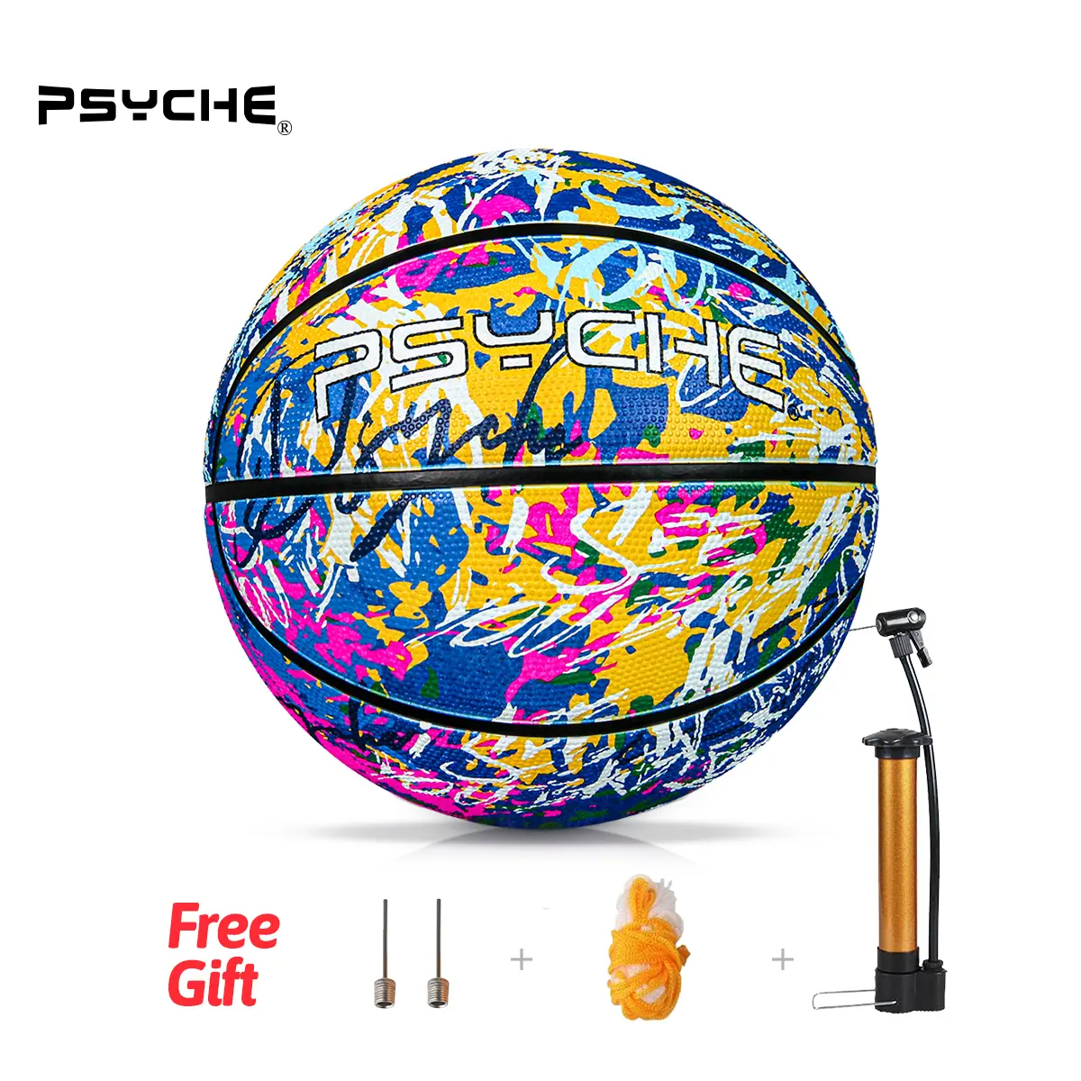 PSYCHE Original Rubber Basketball with Free Ball Pump and Needles Deep Channel Construction Streetball Made for Indoor Outdoor Basketball Games