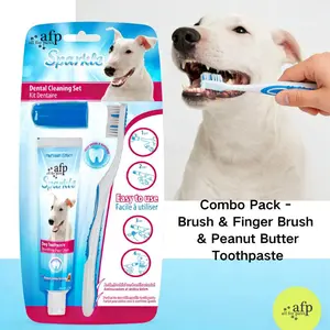 Allforpaws Dental Cleaning Kit for Dogs - Toothbrush & Finger Brush Combo Pack with Peanut Butter Toothpaste for Effective Tartar Removal Cleaing