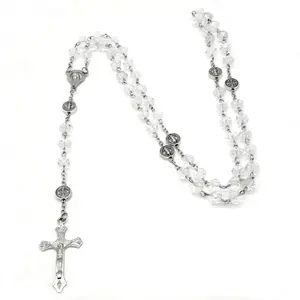 Colorful Crystal Beads Rosary Necklaces Cross Pendant Catholic Religious Necklaces for Men Women Jewelry Gift Long Chain