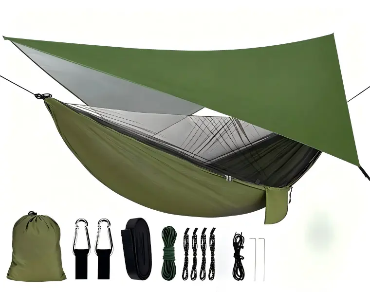 Portable Double Nylon Breathable Camping Hammock Set, Anti-Mosquito Net, Waterproof Rain Fly Tarp, Heavy-Duty Adjustable Tree Straps Included, 102in x 55.12in Oversized Parachute Hammock Tent, Max 660 lbs Load for Backpacking, Backyard Travel, Portable, F